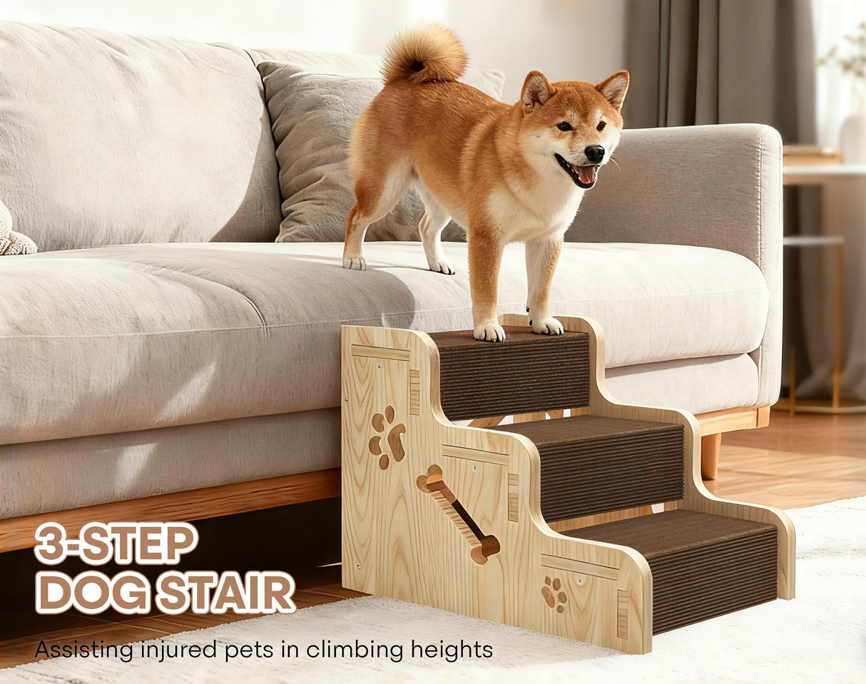 TIMHAKA Dog Stairs for Small Dogs, 3-Step Wooden Dog Ramp for Bed, Couch & Car, Non-Slip Pet Stairs for Small Old Short-Legged Puppy & Cat, Indoor Pet Steps with X-Brace Support