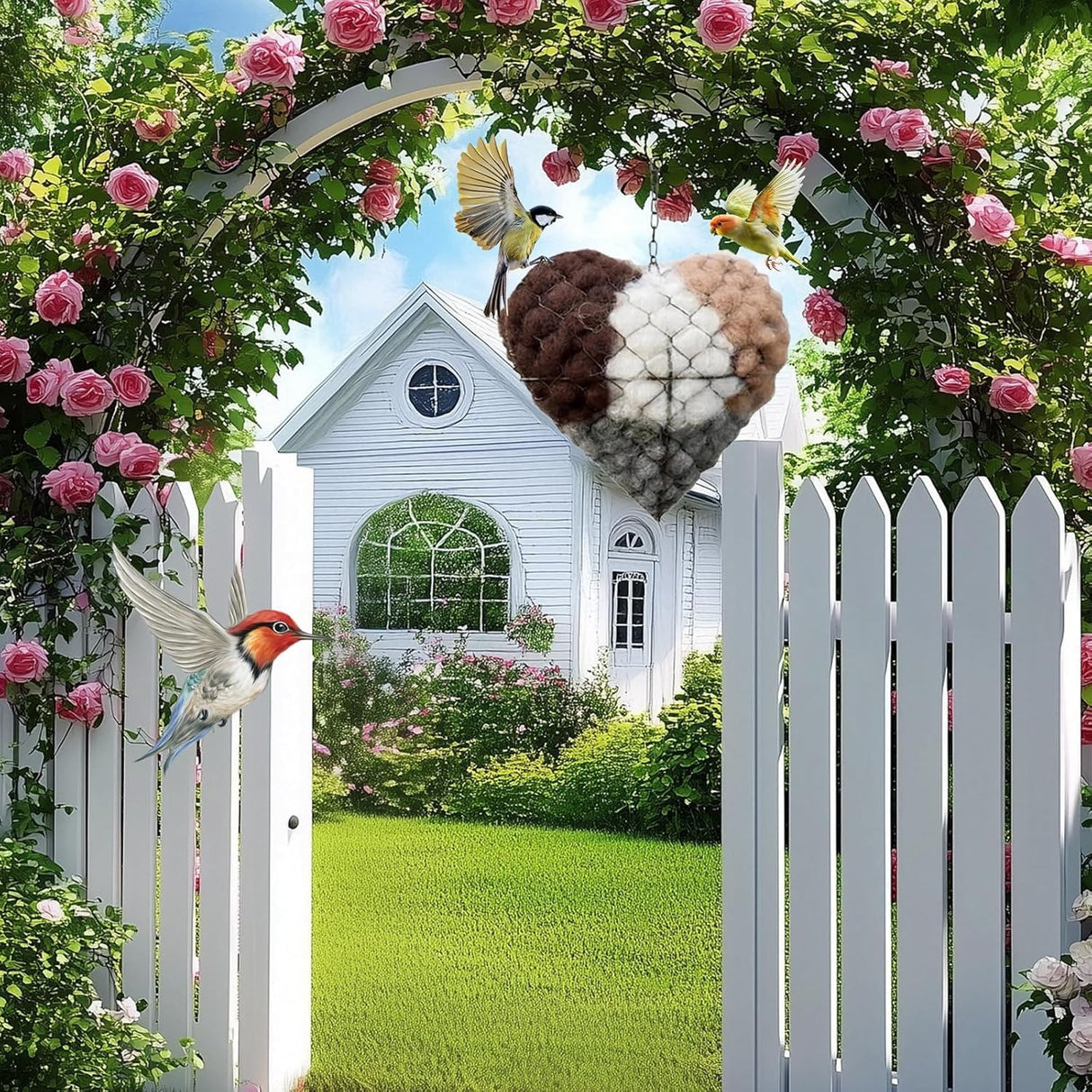 YAGUAN 1Set Handmade Fiber Bird Nesting Heart, Refillable Birds Haven 1 Heart Shape Hummingbird Nesting and 2 Bags of Nest Materials, Winter Fowl Gifts Animal Hummingbirds Lovers Home Garden Yard