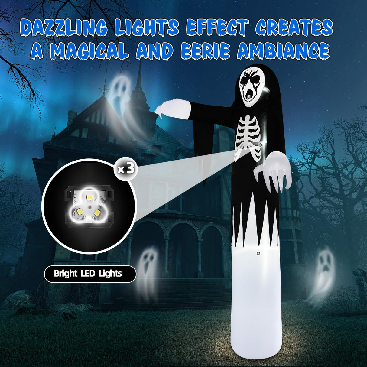 B&D 12FT Giant Halloween Inflatables Outdoor Decorations, Grim Reaper Skull Inflatable Halloween Decorations Built-in LED Lights Scary Blow Up Ghost Decorations for Holiday Party Yard Garden Lawn