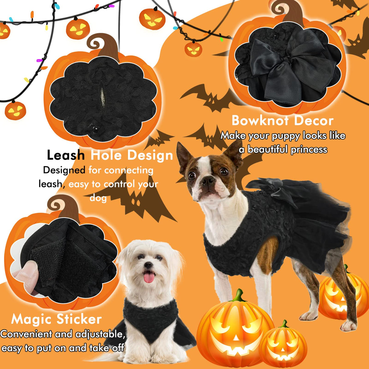 QBLEEV Dog Wedding Dress - Bowknot Dog Attire, Black Lace Tutu Skirt for Small Dogs, Halloween Princess Dress