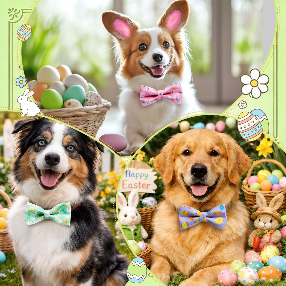 Hillban 50 Pcs Easter Dog Collar Bowties Rabbits Chicks Eggs Carrots Collar Dogs Accessories Attachment with Elastic Bands Detachable Charms for Pets Holiday Costume Photo Props Accessories Shops