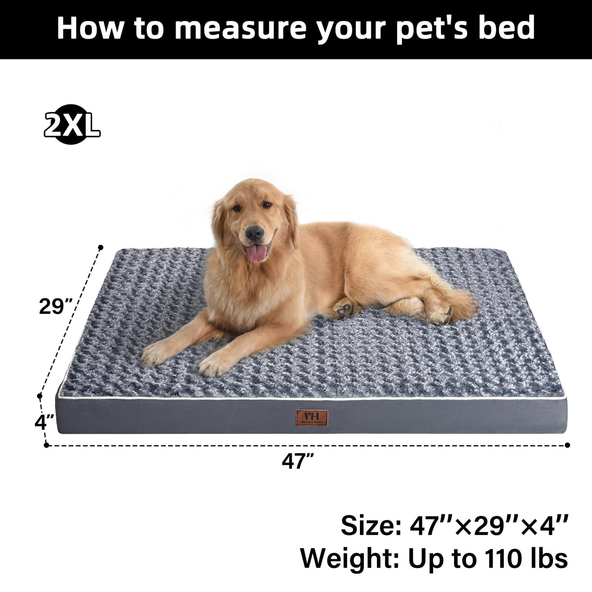 WESTERN HOME WH Large Dog Bed for Extra Large, Big, Jumbo, Huge Dogs, Orthopedic Pet Bed Waterproof Mattress with Removable Washable Cover, Thick Egg Crate Foam Dog Bed with Non-Slip Bottom