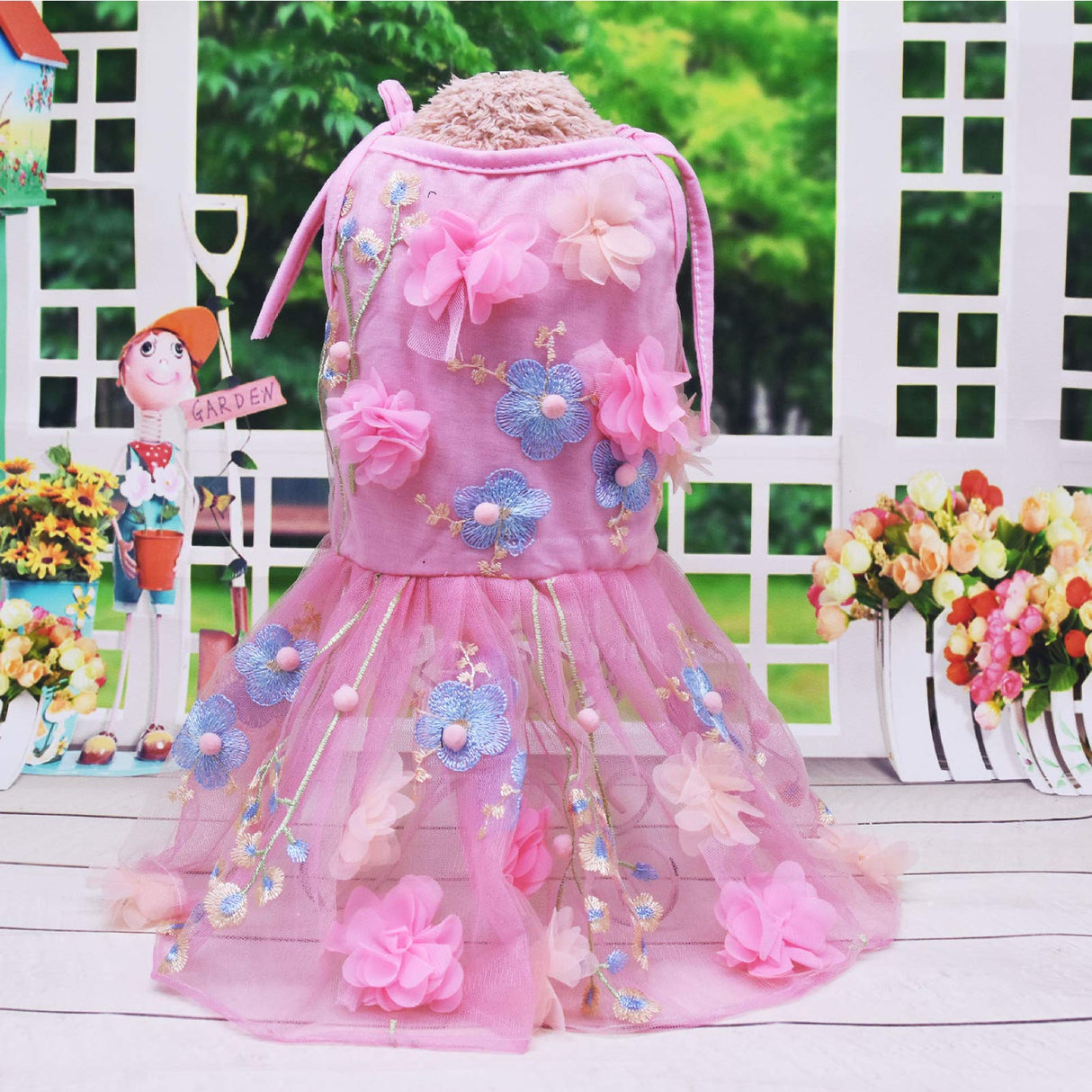 SEIS Flower Lace Dog Dress Cat Princess Suspender Costume Puppy Tutu Floral&Bow Clothes Puppy Embroidery Skirt for Cats Teddy Dog Small Medium Dogs (Pink, L (Chest Circumference 47cm/18.5"))