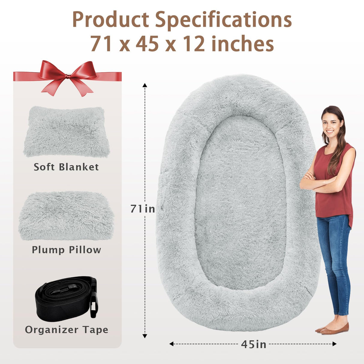 ROOMTEC Human Dog Bed, 71''x45''x12'' Size Fits Adult and Pet Washable Giant People Bed 10 CM Thick Memory Foam Large Oversize Pet Bed with Plump Pillow, Blanket, Strap - Grey