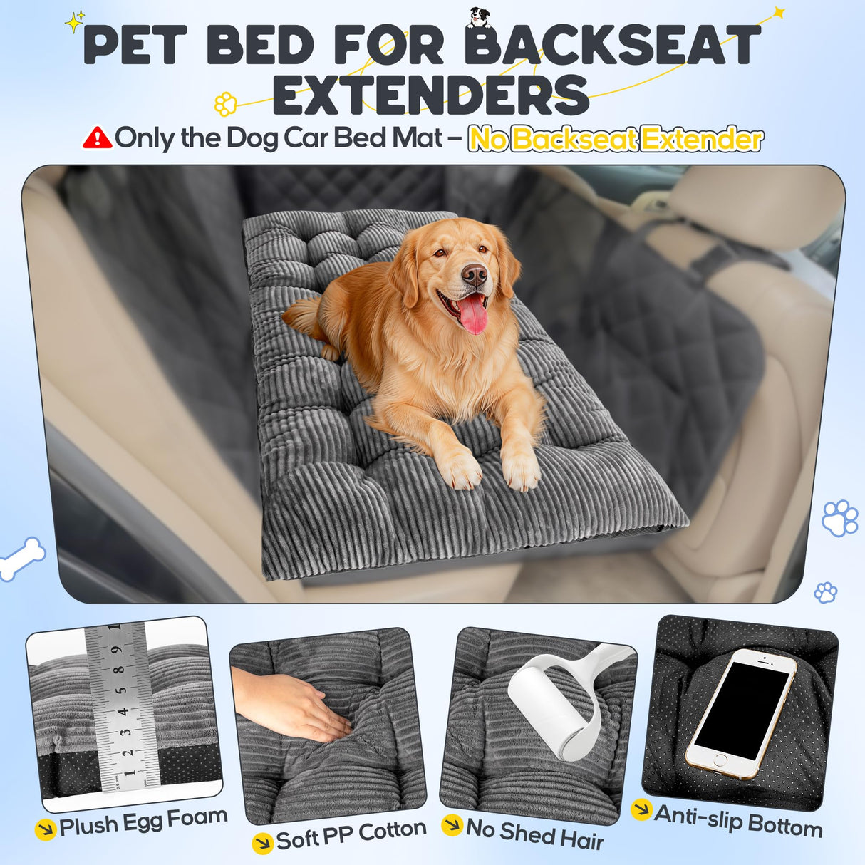 Loiion Dog Car Bed Mat - Non-Slip Backseat Extender Pet Mat, Flannel 100% Cotton Filling, Easy Clean, Dog Travel Bed Fits SUVs/Sedans/Trucks [No Backseat Extender Included]