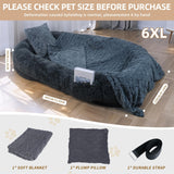 Human Dog Bed - 71''x45''x12'' Size Fits You and Pets, Washable Faux Fur Pet Bed for People Doze Off, Napping Orthopedic Dog Bed, Present Plump Pillow, Blanket, Strap - Dark Grey