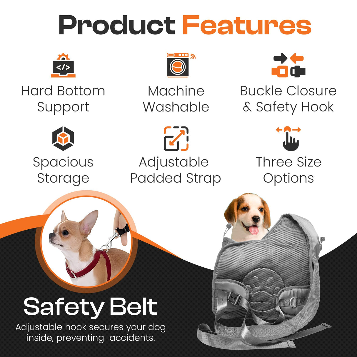 MOKARU Small Dog Sling Carrier Bag, Hands-Free Dog Carrier Sling with Safety Buckle, Breathable Mesh, Adjustable Strap, Padded Back, Storage Pockets, Pet Carrier for Dogs, Cats, Puppies up to 8–10 lbs