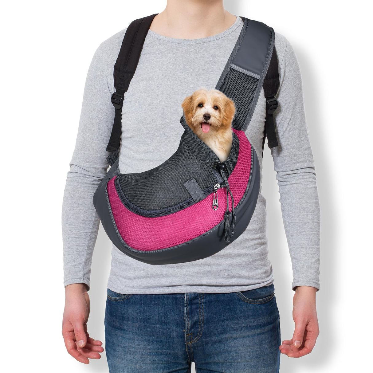 PETAXCELL Dog Sling Carrier for Small Pet Up to 13.2 lbs Hand-Free Drawstring Pet Sling Carrier with Safety Hook & Adjustable Strap, (Rose Red, 1 Pcs) Intended for Hiking and Camping