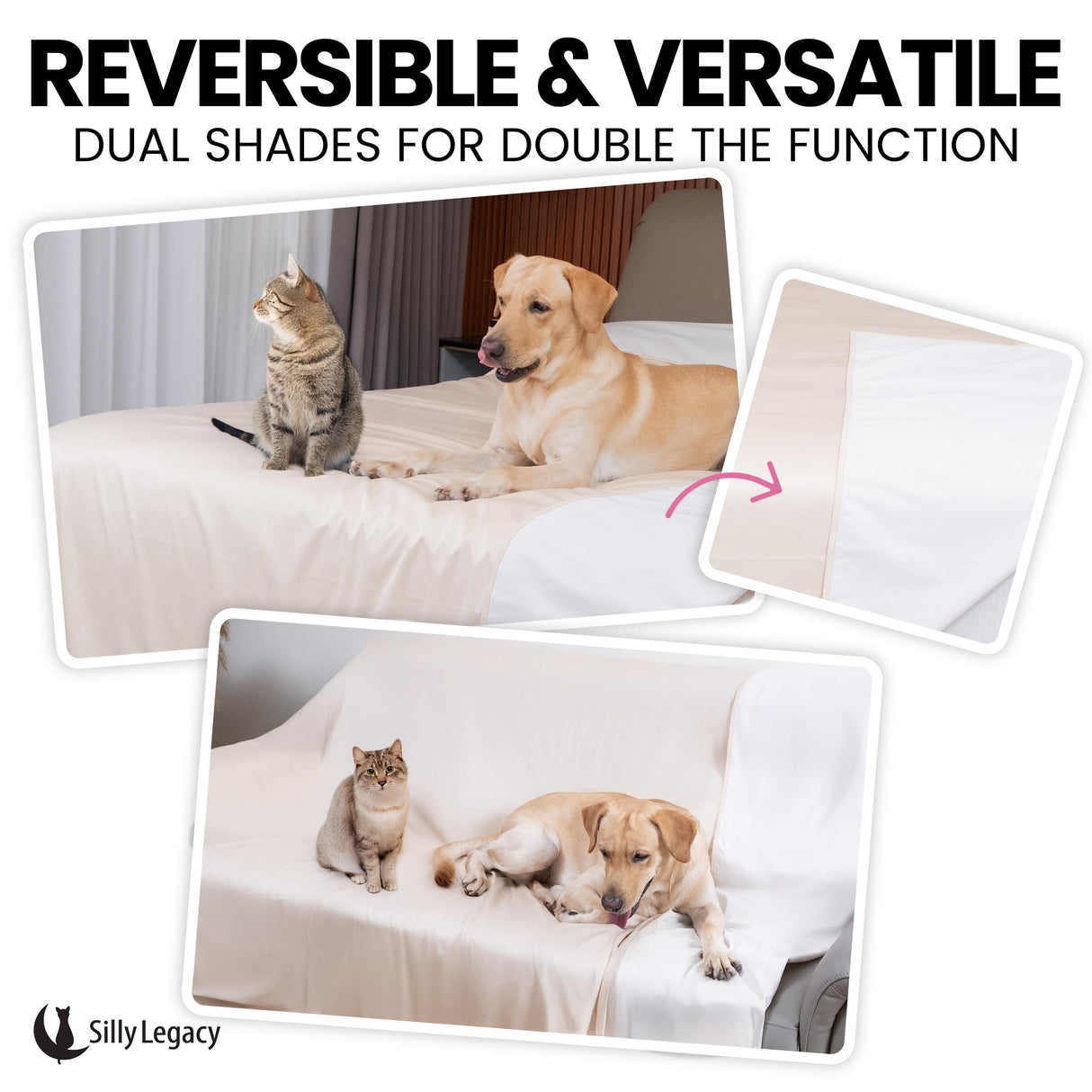 SILLY LEGACY Thin Reversible Waterproof Protective Cover or Liner for Bed or Couch, for Dogs and Cats, Babies; Incontinence, Dirt, Drool (King Size, 100 x 96 inch) (Beige)