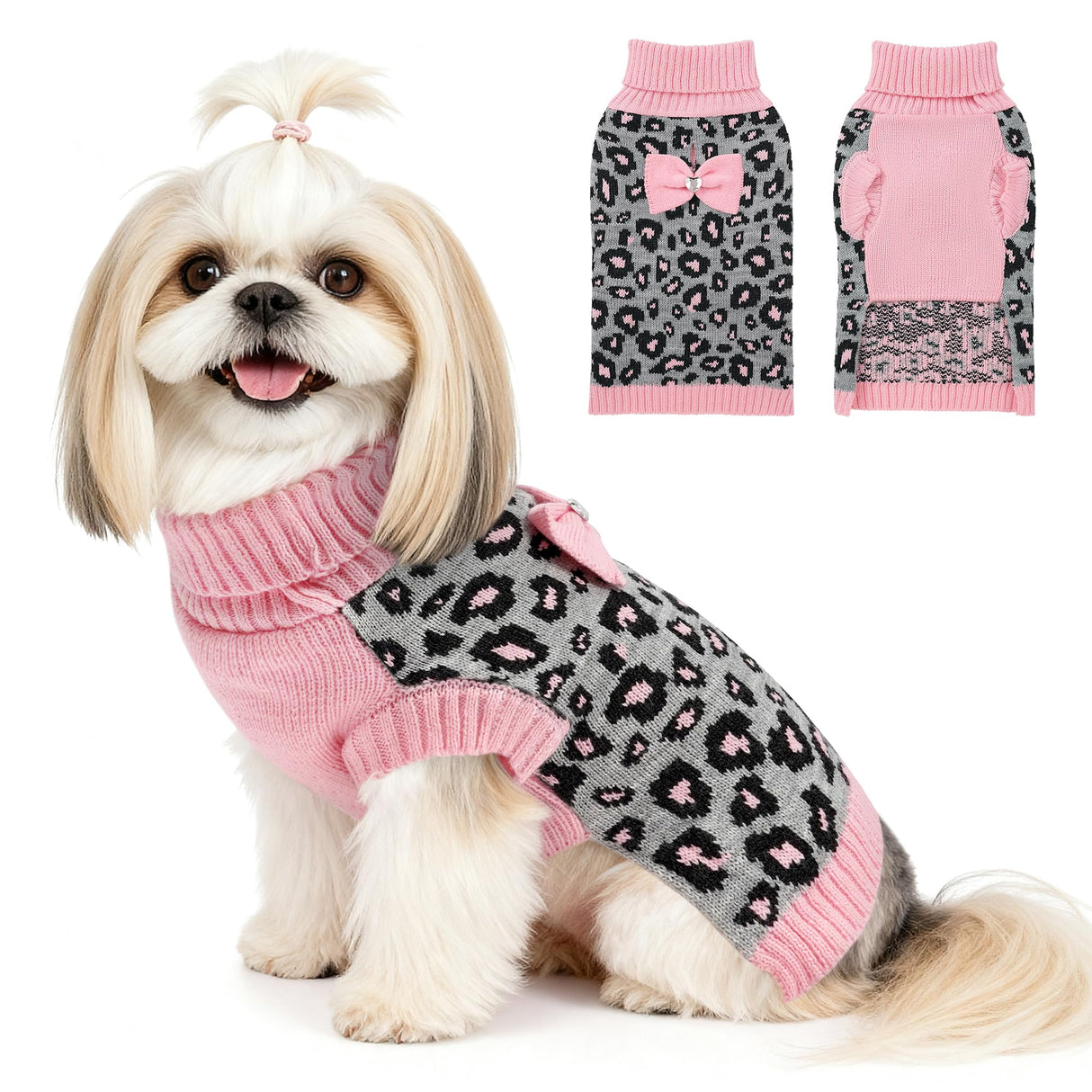 YUDODO Small Dog Sweater with Bowtie Turtleneck Leopard Knitted Pet Girl Dog Winter Clothes Warm Sweater for Yorkies Chihuahua with Leash Hole (S, Pink Leopard)