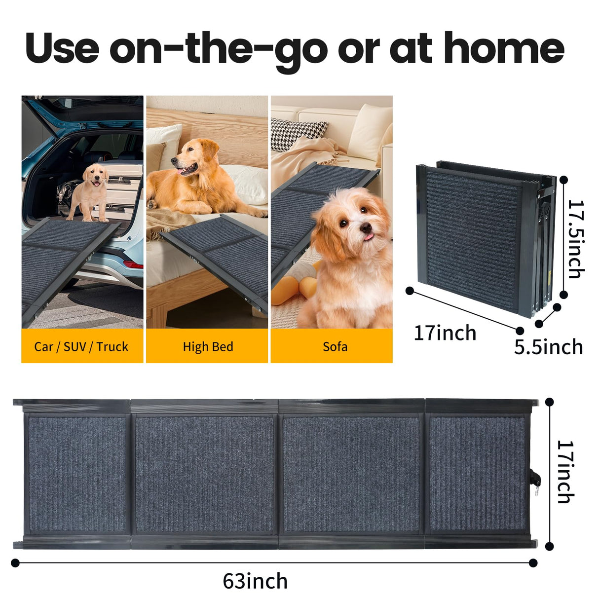PawStep 63” x 17” Foldable Aluminum Dog Ramp – 63-Inch Length for Standard Cars & SUVs, 250 lb Capacity, Lightweight Four-Fold Portable Pet Ramp
