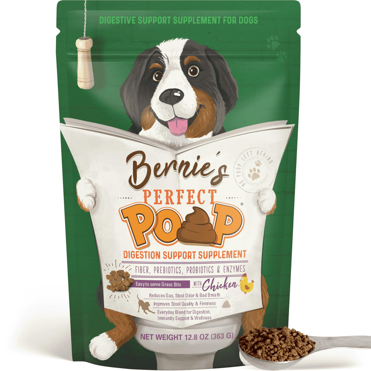 Perfect Poop Digestion & General Health Supplement for Dogs: Fiber, Prebiotics, Probiotics & Enzymes Relieve Digestive Conditions, Optimize Stool, and Improve Health (Chicken, 12.8 oz)