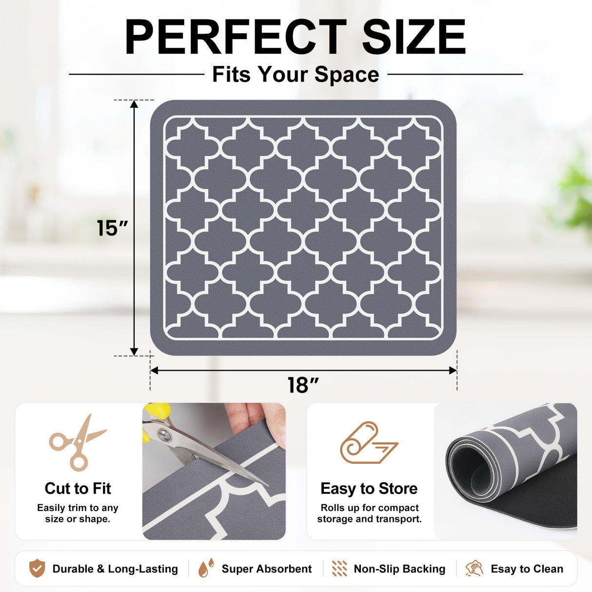 Dish Drying Mat Super Absorbent Drying Mat Large Dish Drying Mats for Kitchen Counter Easy Clean Dish Mat Kitchen Drying Mat15"x 18" Stylish Grey