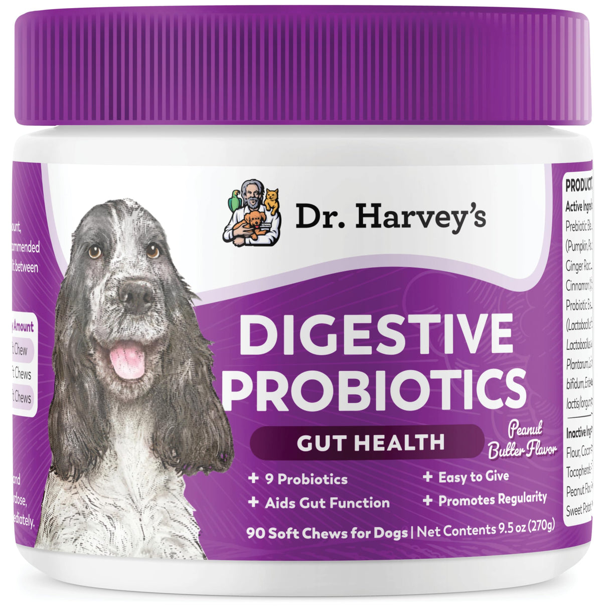 Dr. Harvey's Digestive Probiotic Soft Chews for Dogs, 9 Probiotics for Gut Health, Diarrhea and Bowel Support, Peanut Butter Flavor (90 Chews)