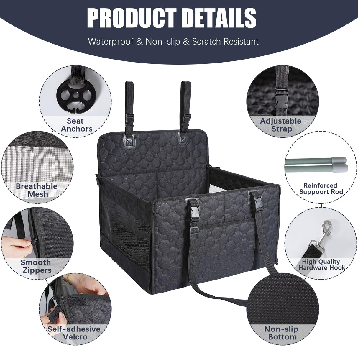 Dog Car Seat for Medium Small Dogs, Pet Car Seat with Adjustable Safety Belt & Storage Pockets, Breathable Waterproof Pet Car Seats Cover, Small Dog Seats for Dogs Under 30lbs (Medium, Black)