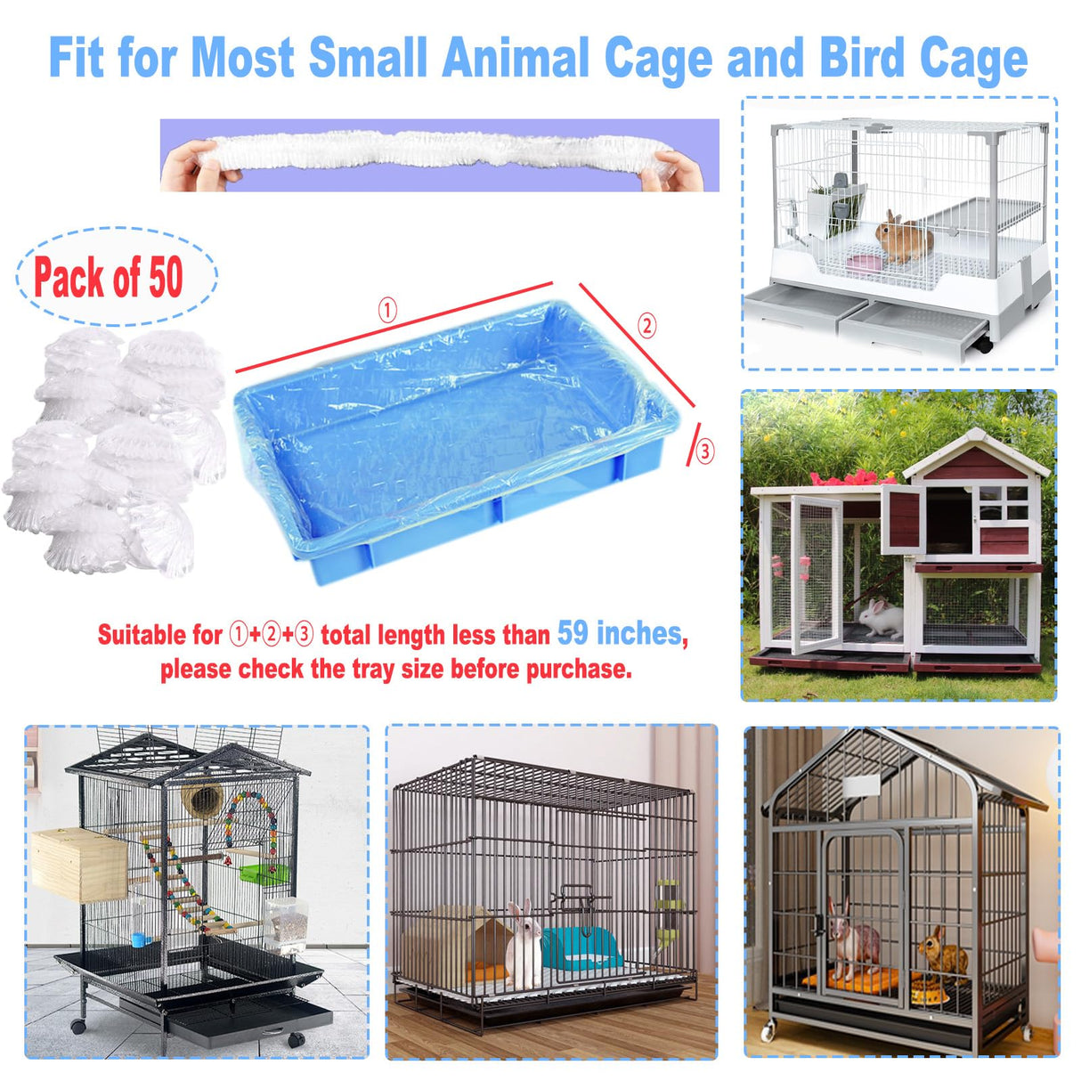 Niwaes 50Pcs Large Rabbit Cage Liner Disposable Bunny Cage Liner Bag 34'' X 22''- Clear Elastic Pet Toilet Film Small Animal Tray Covers for Bunnies Ferrets Chinchillas Birds - Leak Proof & No Mess