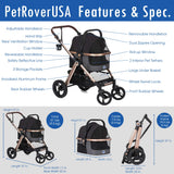 HPZ Pet Rover Prime 3-in-1 Luxury Dog/Cat Stroller (Travel Carrier + Car Seat +Stroller) with Detach Carrier/Pump-Free Rubber Tires/Aluminum Frame/Reversible Handle for Medium & Small Pets (BLACK)