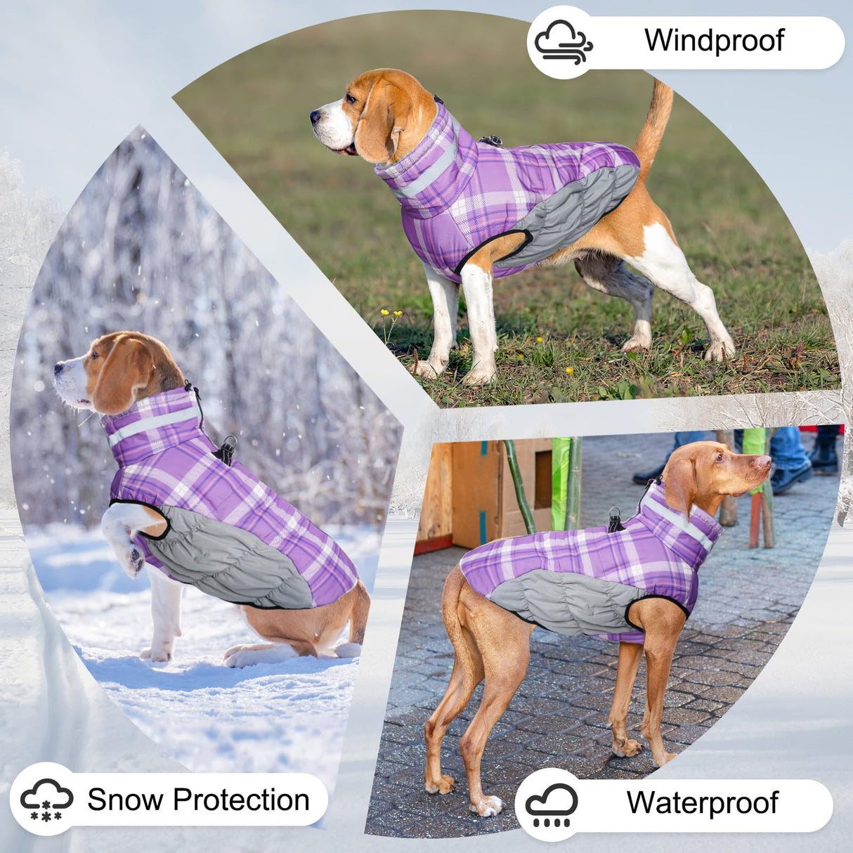 BEAUTYZOO Dog Winter Coat with Harness Built in, Reflective Plaid Puffer Vest Waterproof for X-Large Dogs, Fleece Warm Puppy Zipped Jacket with D Ring, Pet Cold Weather Sweater Clothes, Purple XL