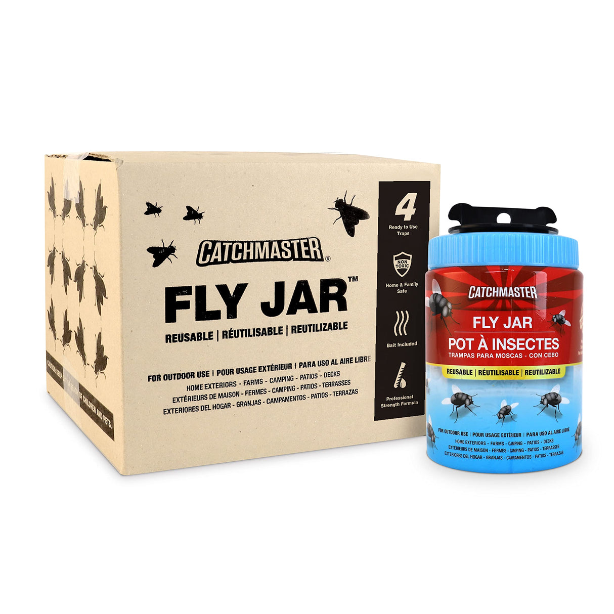 Catchmaster Reusable Fly Traps Outdoor Jar 4-Pack, Bug Catcher and Flying Insect Trap with Natural Attractant for Pest Control, Pet Safe, Non Toxic Bulk Fly Bait Traps