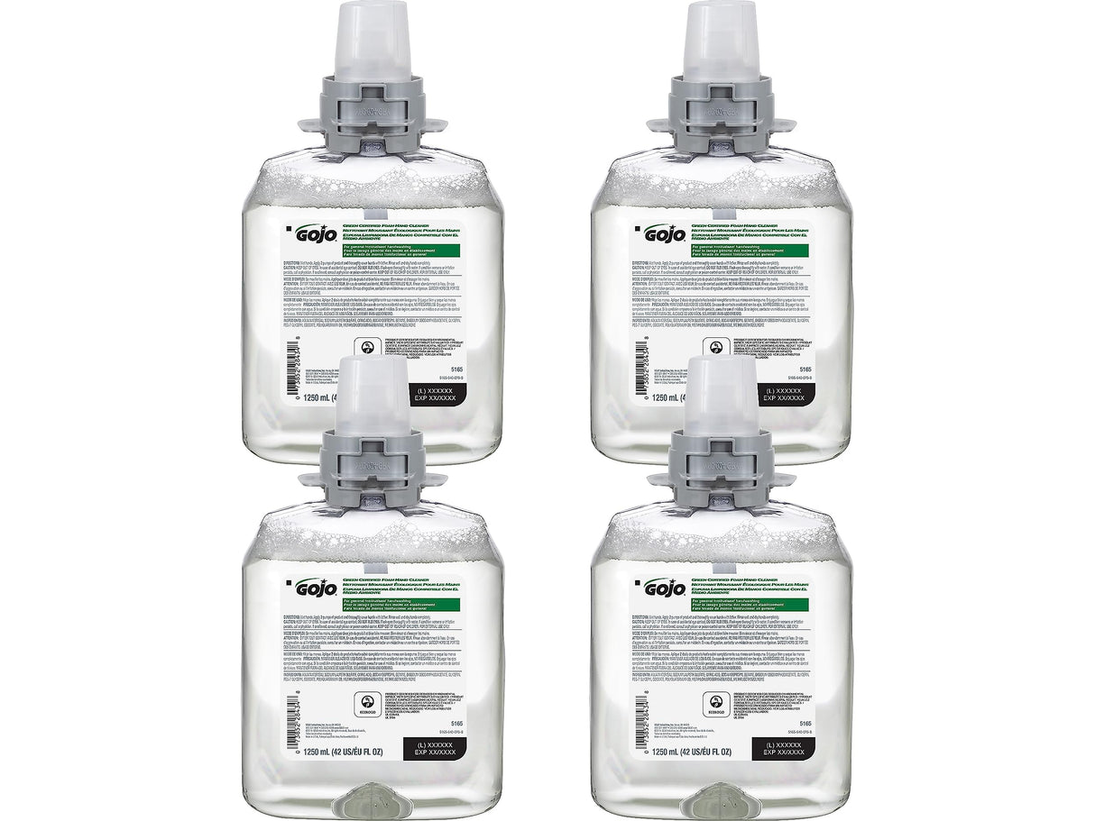 Gojo Green Certified Foam Hand Cleaner, Fragrance Free, 1250 mL Hand Soap Refill FMX-12 Push-Style Dispenser (Pack of 4) - 5165-04