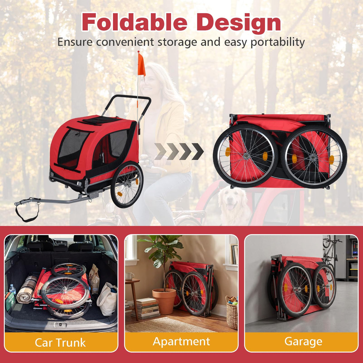Giantex 2-in-1 Dog Bike Trailer & Pet Stroller for Large Dogs – Foldable Pet Carrier Cart with Front Caster & 2 Air-Filled Tires, Breathable Mesh, PVC Rain Cover, 176 lbs Capacity (Red)