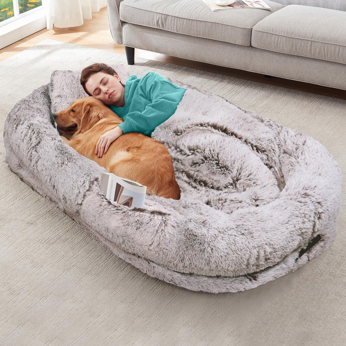YAEM Human Dog Bed for Adult and Pets - 71"x45"x12" Dogs Beds for Humans with Washable Faux Fur Cover, Plump Pillow, Blanket, Orthopedic Design, Strap-RustWhite