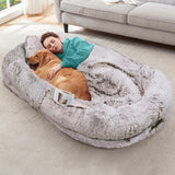 YAEM Human Dog Bed for Adult and Pets - 71"x45"x12" Dogs Beds for Humans with Washable Faux Fur Cover, Plump Pillow, Blanket, Orthopedic Design, Strap-RustWhite