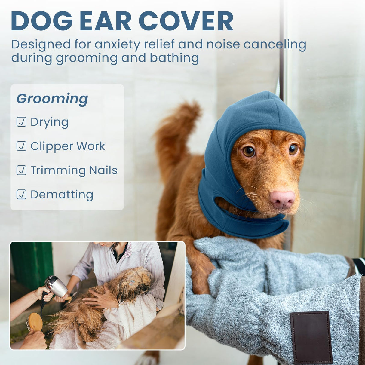 Nanaki Calming Hoodie Dog Ear Covers-No Shake Hematomas Ear Wraps for Dogs, Adjustable Head Wrap Muffs Noise Cancelling Protector, Anxiety Relief, Fireworks & Grooming Bathing, 4th of July, Vet Visit