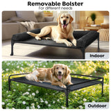 Veehoo Elevated Raised Dog Bed-Cooling Outdoor Dog Cot Bed for Large Sized Dogs Three-Sided Fence Raised Pet Cot with Mesh & No-Slip Feet Dog Hammock Bed with Removable Bolster-41 x 27" Black