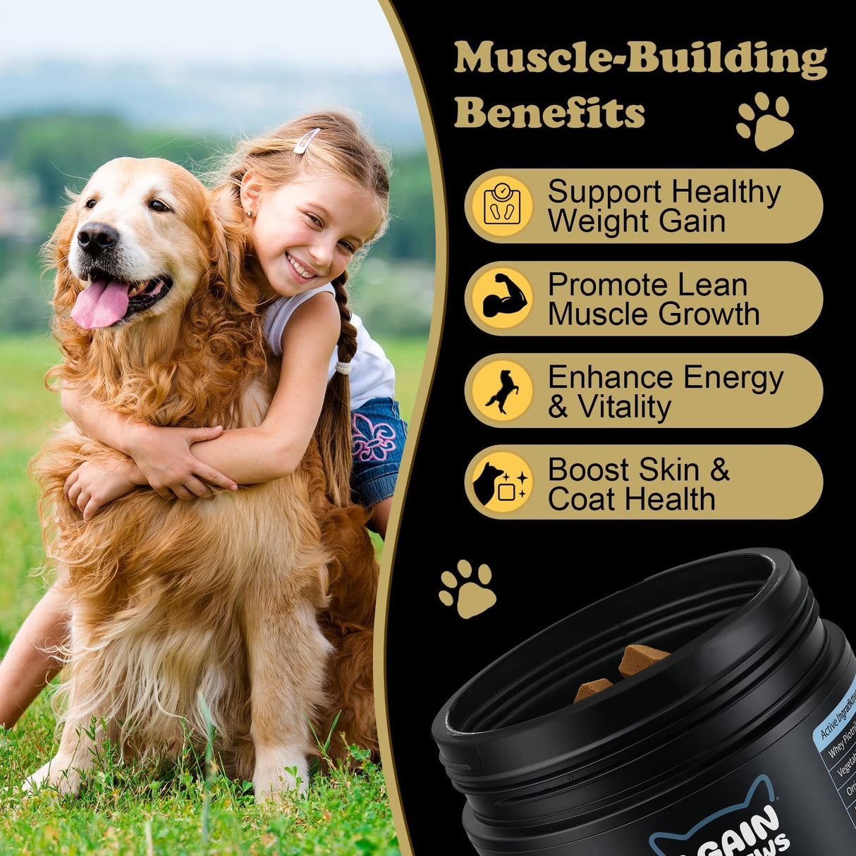Petterm Dog Muscle Gain Chews - Dog Weight Gain Treat Weight Gain Supplements for Dogs Muscle Builder - with High Protein & Amino Acids for Lean Strength Recovery - 100 Chews for All Breeds & Ages