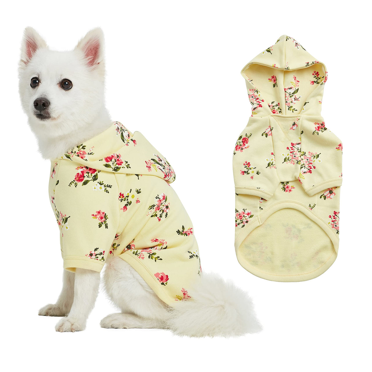 Blueberry Pet Floral Dog Hoodie, Rose Print Pullover Sweatshirt for Large Dogs, 20" Back Length, Lightweight Spring Outfit in Pastel Yellow