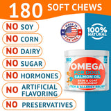 Omega 3 Fish Oil for Dogs (180 Ct) - Skin & Coat Chews - Dry & Itchy Skin Relief + Allergy Support - Shiny Coats - EPA&DHA Fatty Acids - Natural Salmon Oil Chews Promotes Heart, Hip & Joint Support