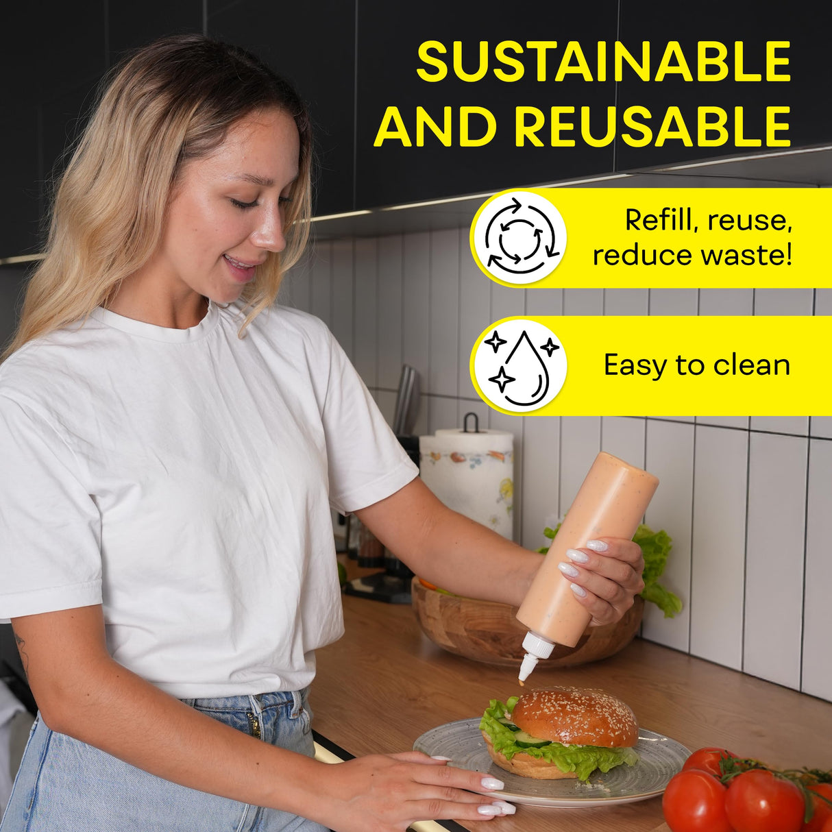 Condiment Squeeze Bottles, 16 OZ Empty Squirt Bottle with Twist Top Cap, Leak Proof - Great for Ketchup, Mustard, Syrup, Sauces, Dressing, Oil, Arts and Crafts, BPA FREE Plastic - 2 PACK