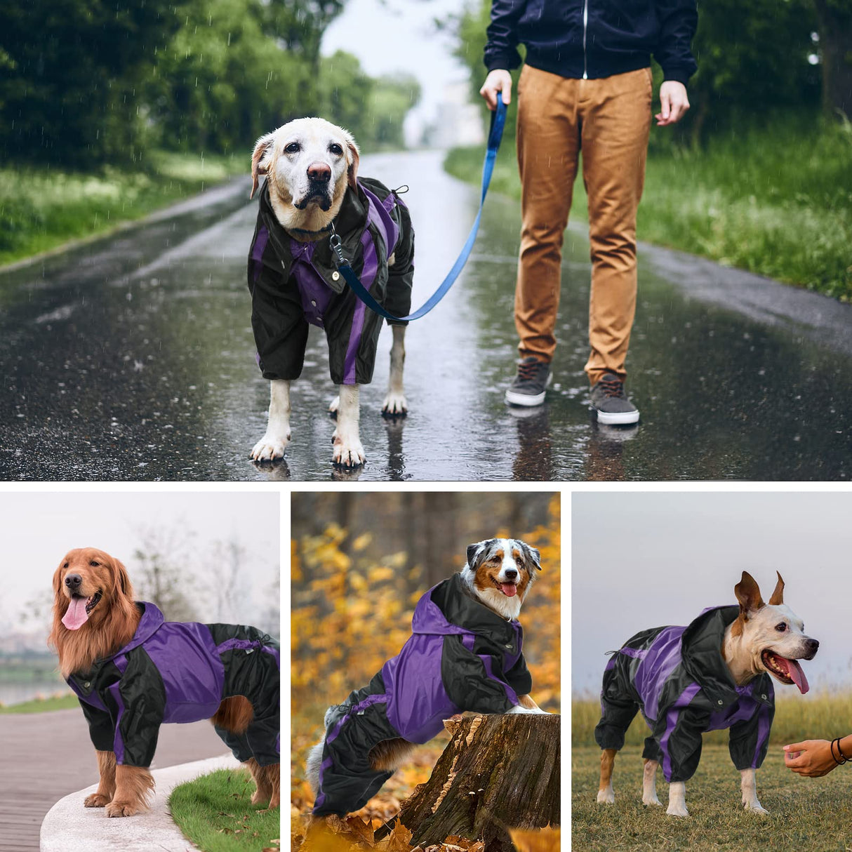 OUOBOB Dog Raincoat, Waterproof Dog Rain Coats for Large Dogs, Lightweight Rain Jacket, Adjustable 4 Legs Pet Poncho with Hood, Snow-Proof Dog Vest Rainwear, Rain Clothes Apparel with Leash Hole