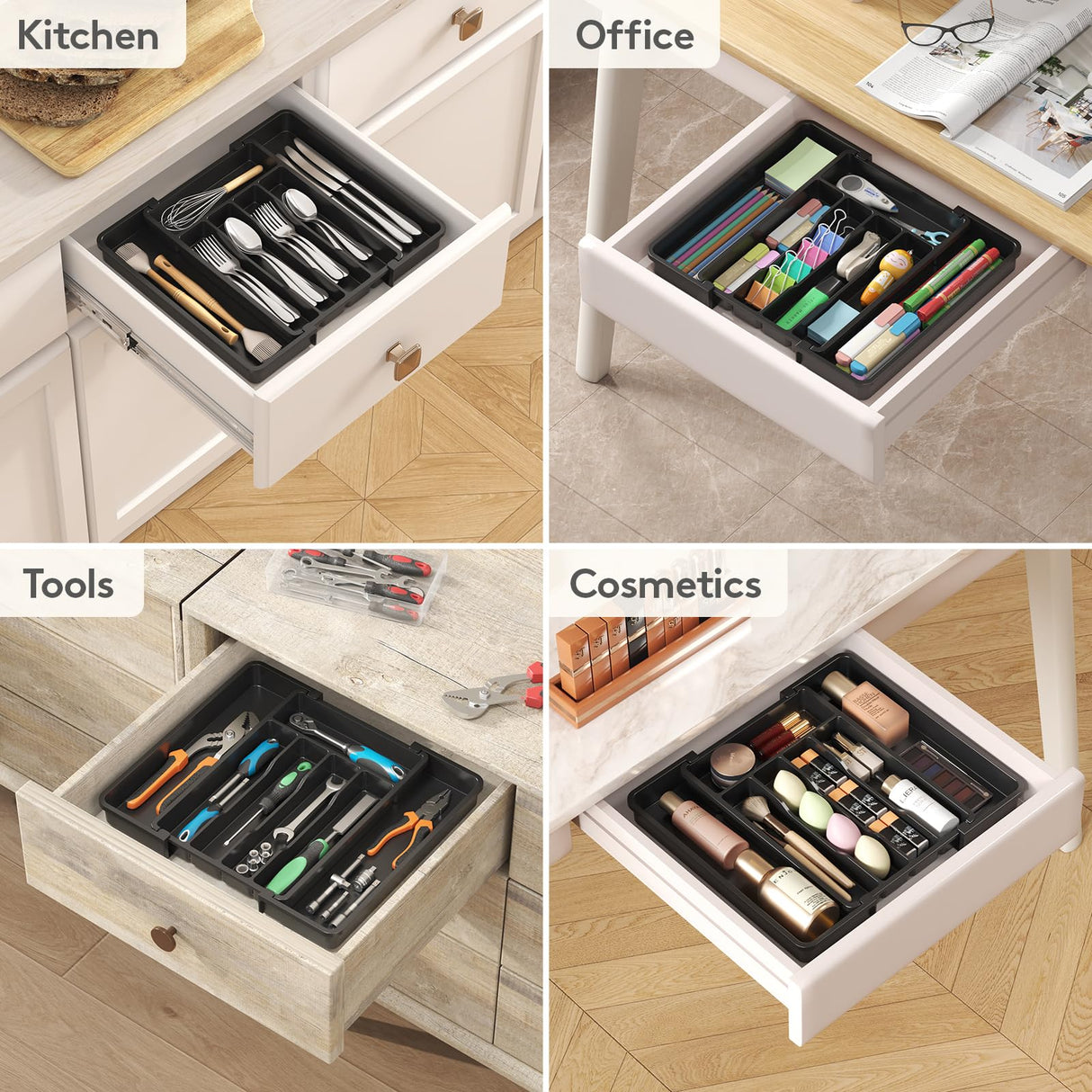 Expandable Silverware Organizer, Plastic Utensil Tray for Kitchen Drawer, BPA Free Flatware Cutlery Holder, Space-Saving Storage for Spoons Forks Knives, 8.5-14 x 12 x 1.5 inch, Black