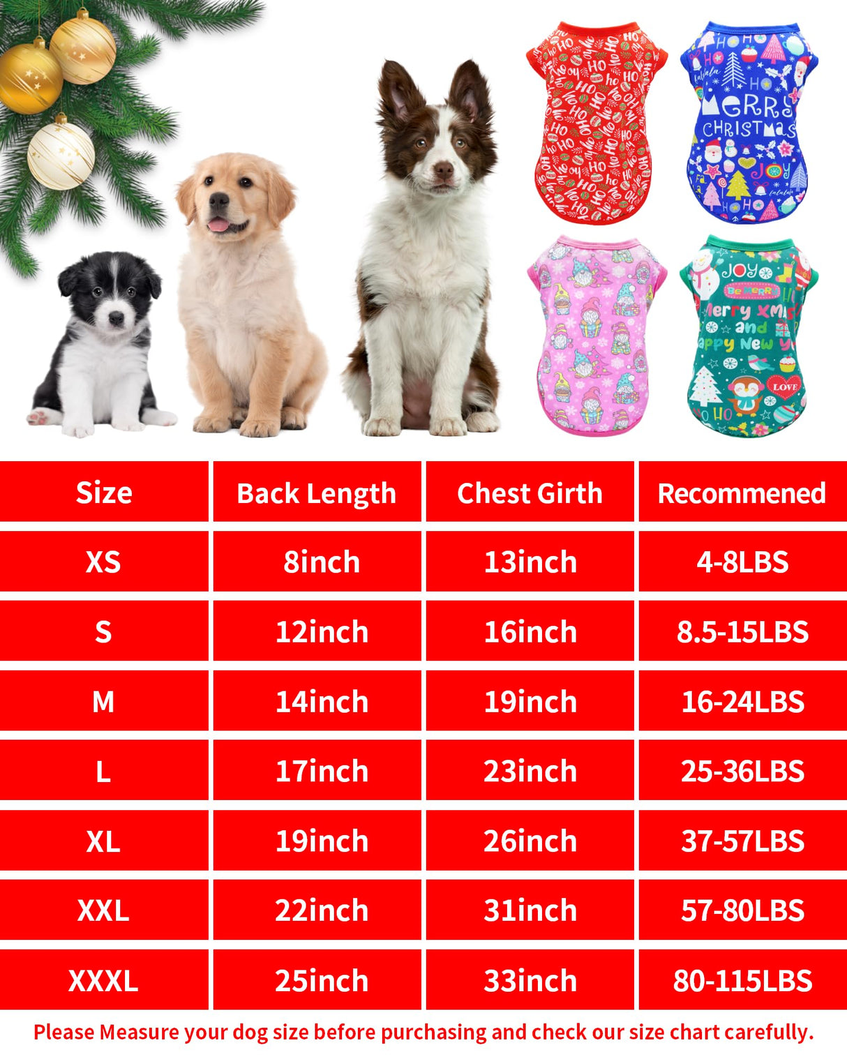PET SHOW 4 Pack Christmas Dog Shirts for Extra Large Dogs Tank Top Tee Red Green Xmas Santa Gnome T-Shirts Pets Holiday Party Sleeveless Vest Dog Clothes Boys Girls(XXX-Large)