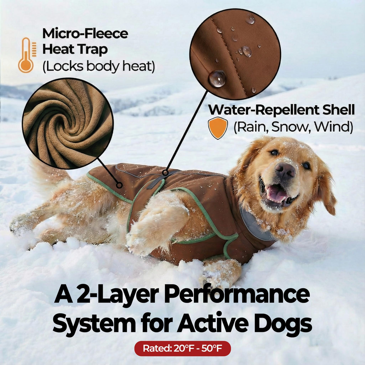 SKIPGEAR Softshell Dog Winter Vest, Fleece Lined Water-Repellent Jacket with Fur-Safe Buckle (No Hook & Loop) for Hiking, Adjustable Reflective Winter Coat for Active Dogs (Brown, X-Small)