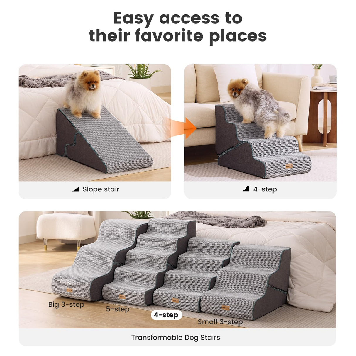 Gardner Pet Dog Stairs for Small Dogs 17.5" H, 2 in 1 Transformable 4-Step Pet Stairs and ramp, Dog Steps for Couch bed (19~22 in) with Durable Non-Slip Waterproof Cover and CertiPUR-US Certified Foam
