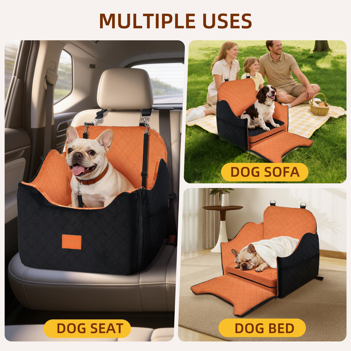 XEEP Dog Car Seat for Small/Medium Dogs Up to 35lbs, Dog Booster Seat with Memory Foam Cushion, Washable Pet Car Seat with Safety Belt & Pee Pad & Blanket, Fits in Front/Back Seat(Black/Brown)