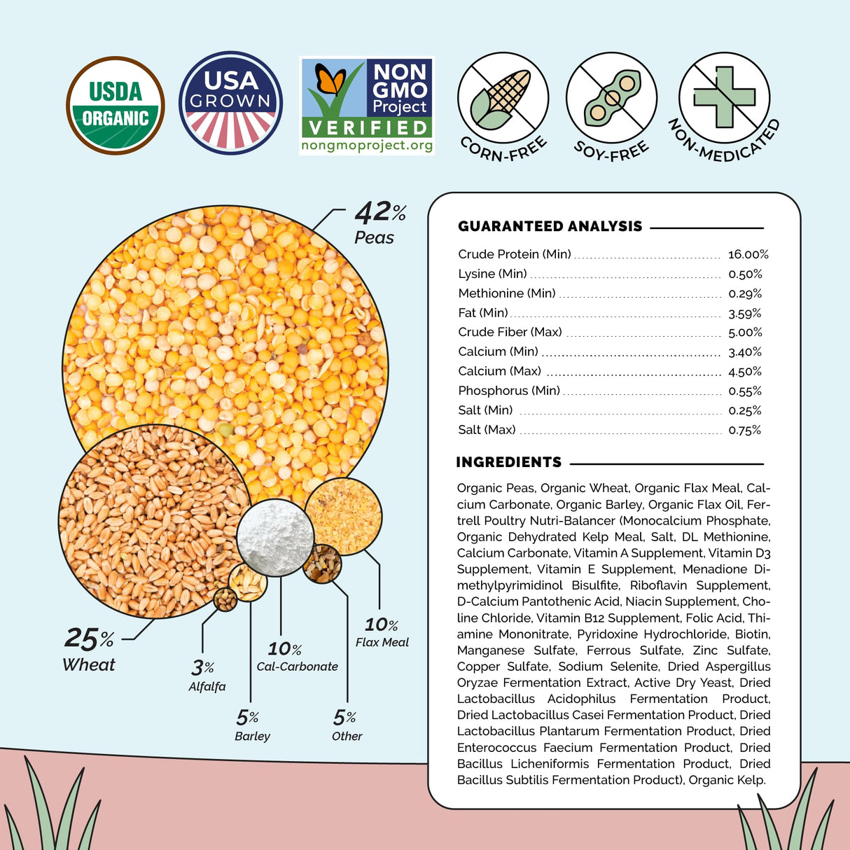 Mile Four Organic Chicken Feed – Layer Whole Grain, Non-GMO, USA Grown, 16% Protein, Corn-Free, Soy-Free, Non-Medicated Feed for Chickens, 2 lb Sample