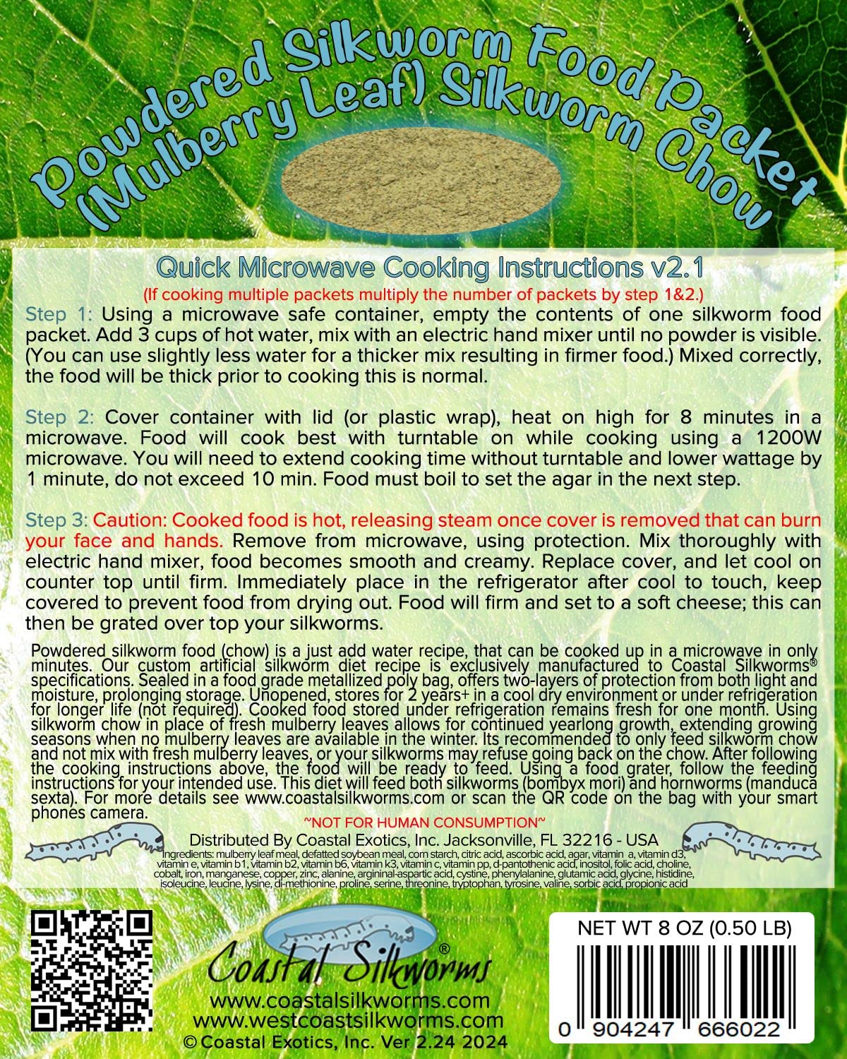 Coastal Silkworms 1/2 LB Powdered Silkworm Hornworm Food (Mulberry Leaf Diet Food) Silkworm Chow