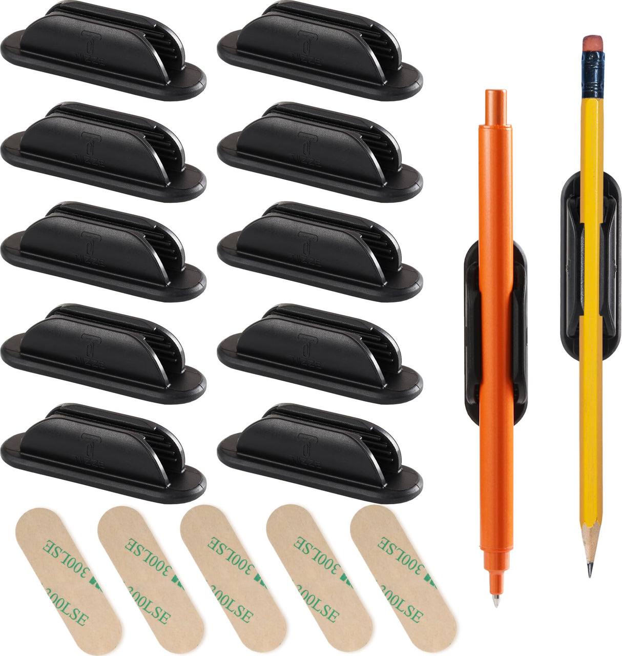 Tiizze 10 Pack Adhesive Pencil Holder for Desk, Silicone Pen Holder for Wall, Clipboard & Laptop with 15 Upgraded Sticky Pads, Rugged Grip Pencil Holders for Classroom Teacher Essentials (Black)