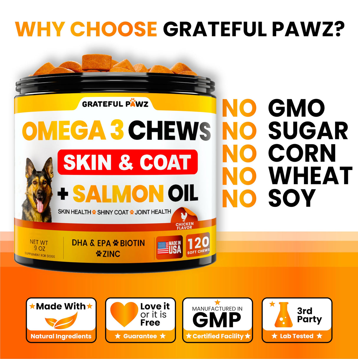 Omega 3 for Dogs - Fish Oil for Dogs Chews - Allergy and Itch Relief - Anti Shedding Supplement - Joint Health Treatment - Dry Itchy Skin and Coat Supplement - Salmon Oil - EPA & DHA - Made in USA