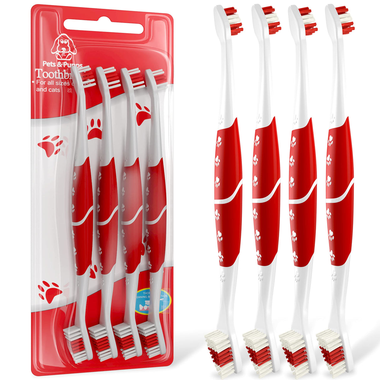 Pet Toothbrush for Dogs, Cats with Soft Bristles - Easy Teeth Cleaning & Dental Care, Non Slip Dual Head Dog Toothbrush for Medium & Large Pets, Toothpaste Not Included, Pack of 4