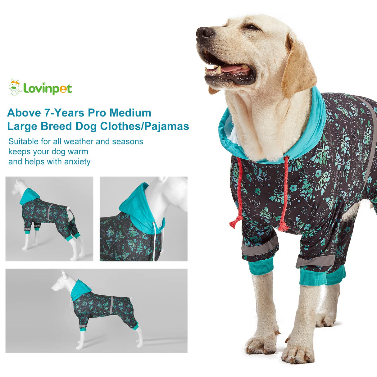 LovinPet Large Breed Dog Onesie Pajamas - UV & Wound Care, Dog Anxiety Relief, Dog Jammies, Reflective Stripe, Butterflies and Rings Black/Green Print, Post Surgery Pet PJ's /3XL