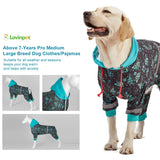 LovinPet Large Breed Dog Onesie Pajamas - UV & Wound Care, Dog Anxiety Relief, Dog Jammies, Reflective Stripe, Butterflies and Rings Black/Green Print, Post Surgery Pet PJ's /3XL