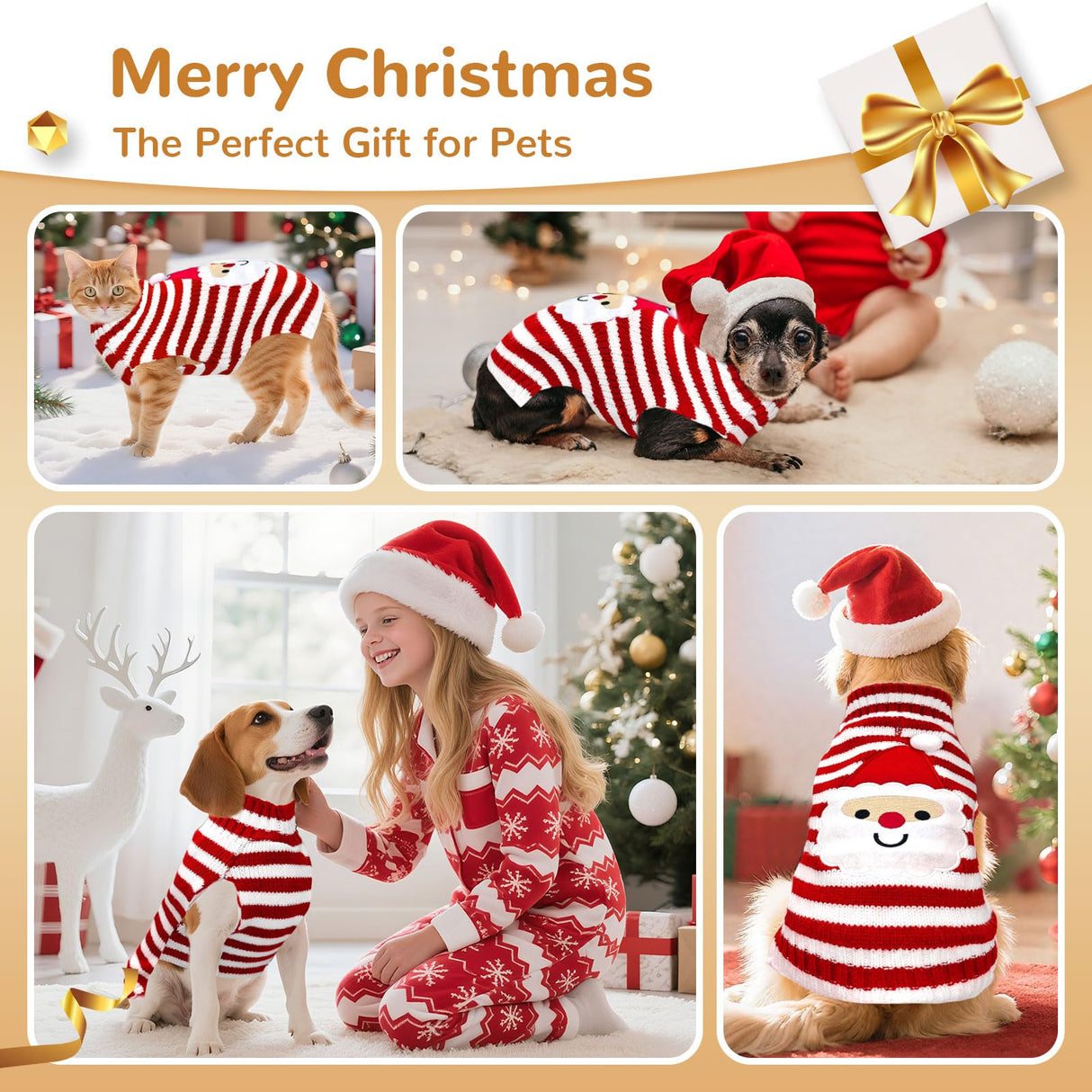 BAEJMJK Dog Christmas Sweater Striped Xmas Holiday Dog Clothes Warm Turtleneck Pet Puppy Outfits Costume Fall Winter Knit Pullover for Small Medium Large Dogs(Red Santa,XX-Large)