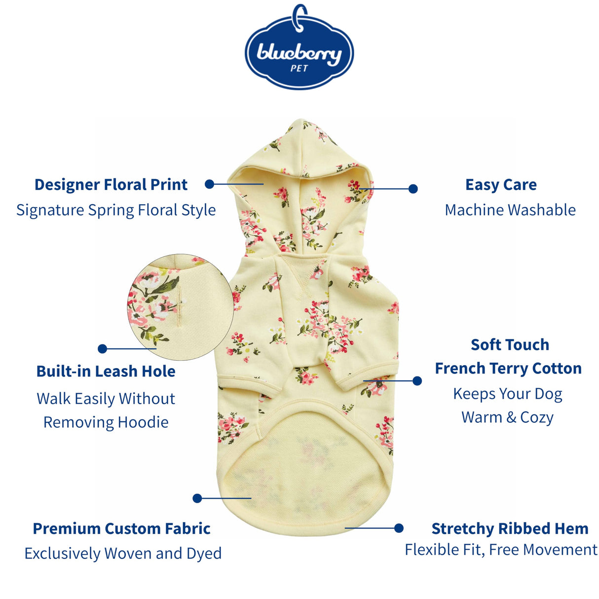 Blueberry Pet Floral Dog Hoodie, Rose Print Pullover Sweatshirt for Large Dogs, 20" Back Length, Lightweight Spring Outfit in Pastel Yellow
