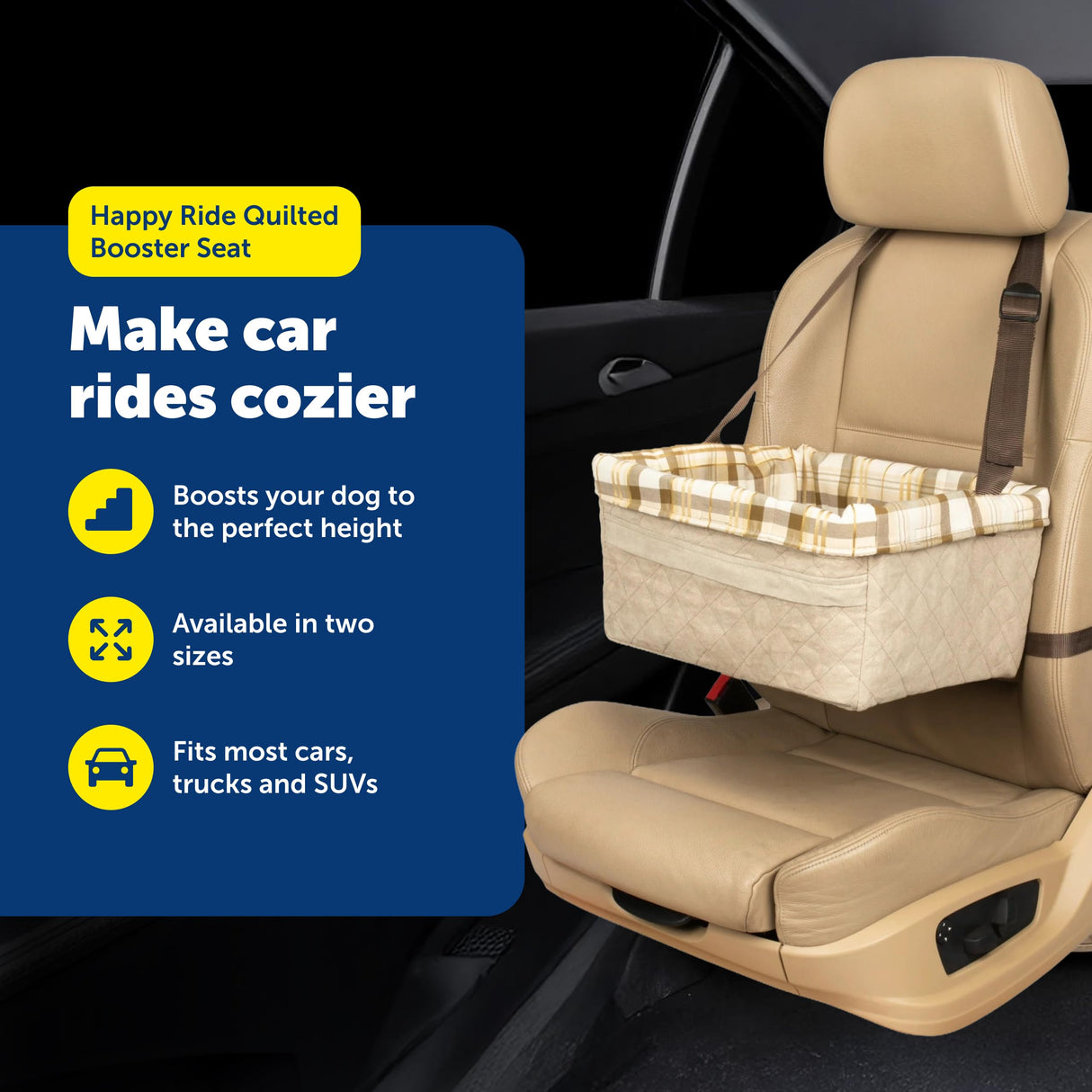 PetSafe Happy Ride Booster Seat for Dogs - Open Road Comfort - Safe Tether System - Zipper Pouch Dog Seat - Machine Washable Fleece Liner - Easy Install Design - Tan - Up to 25 lb