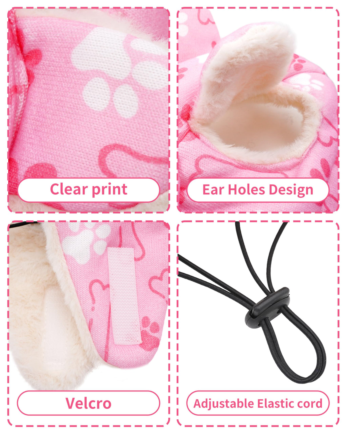PET SHOW Dog Trapper Hat Winter Hat for Small Medium Dogs Warm Fleece Aviator Hats with Ear Flaps Adjustable Outdoor Girl Pet Pilot Costume Cap M-Pink Paw/with Ear Holes